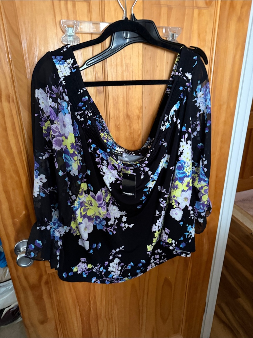 torrid Black Floral Cowl Neck Blouse with Purple, Blue & Yellow Accents
